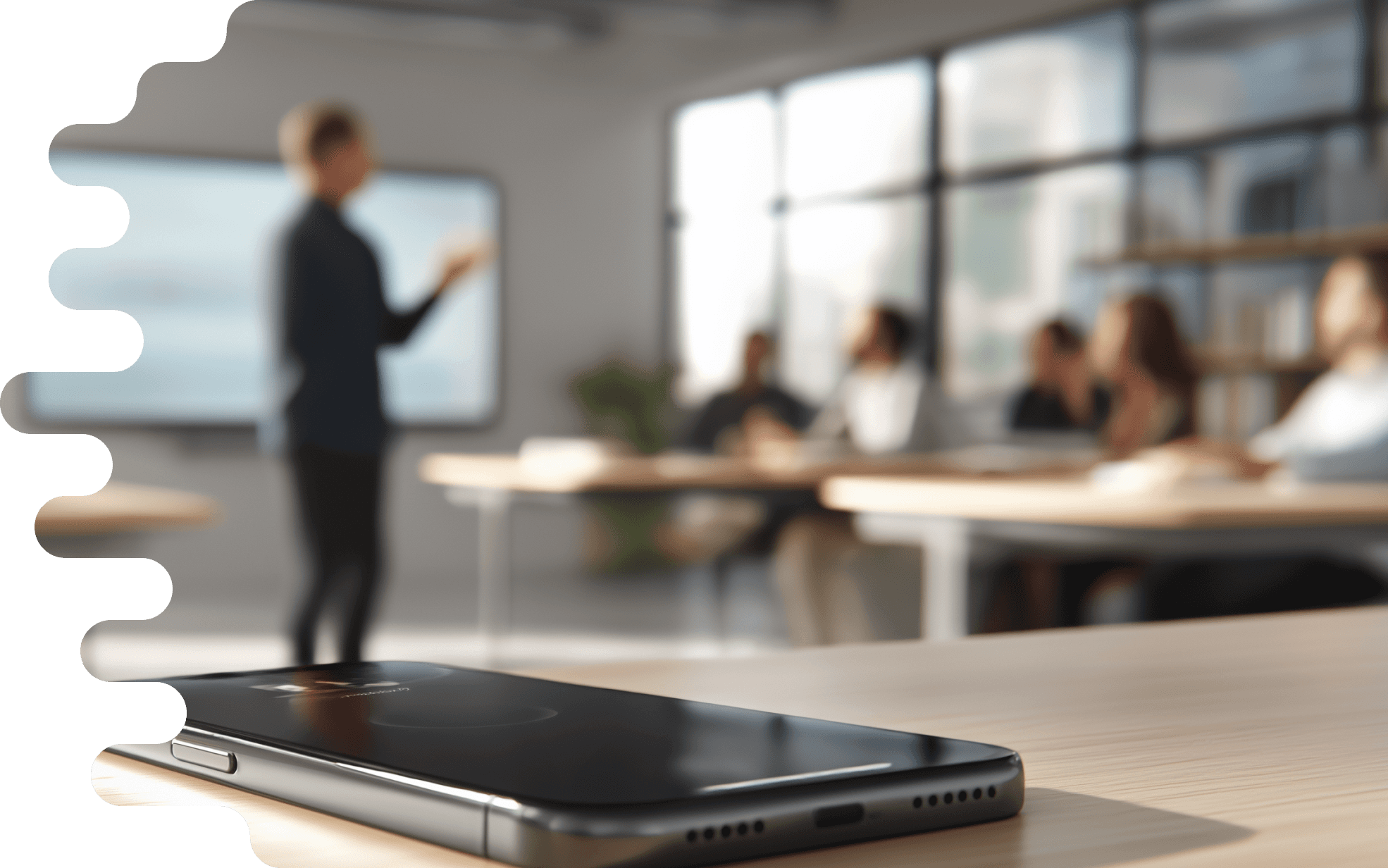 The image shows a classroom scene with a teacher standing in the foreground giving a presentation. The teacher is blurred while making a hand gesture to illustrate something. In the background, several students or participants can be seen attentively following the lecture. They are sitting at a table made of light wood, which has some objects aside from notes on it. In the foreground, there is a smartphone placed on the table. The smartphone has a black casing and displays a pattern on the back. The walls of the room are equipped with large windows that let in plenty of natural light. There is a plant arrangement in one corner of the room, contributing to the pleasant atmosphere. The decor appears modern and inviting, with a clear and open use of space.