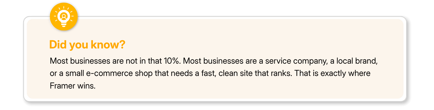 Framer best website builder benefits for local brands and small businesses text box.