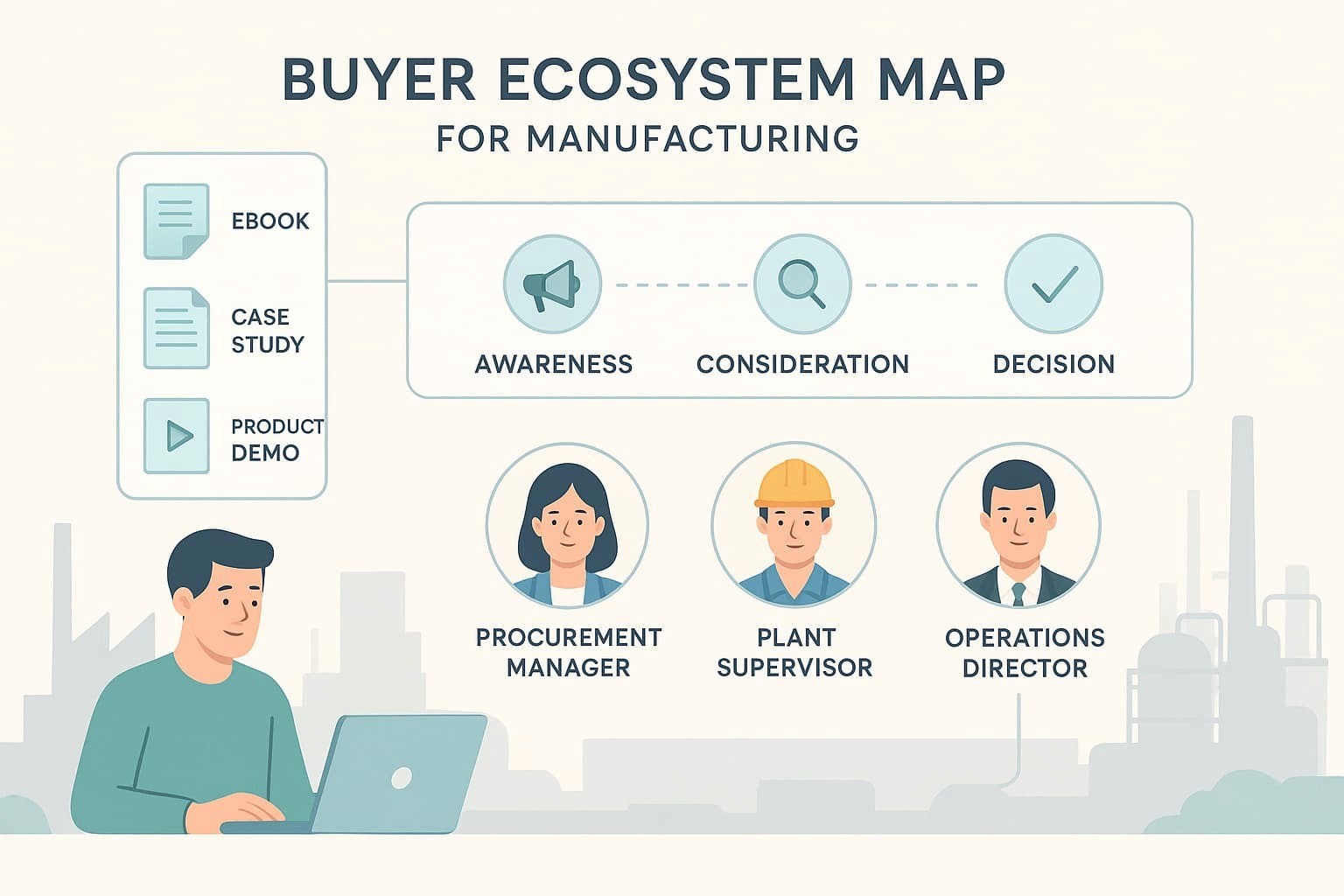 “This image depicts a buyer ecosystem map for the manufacturing sector, highlighting the various decision-makers involved in the purchasing process, including the procurement manager, plant supervisor, and operations director”.
