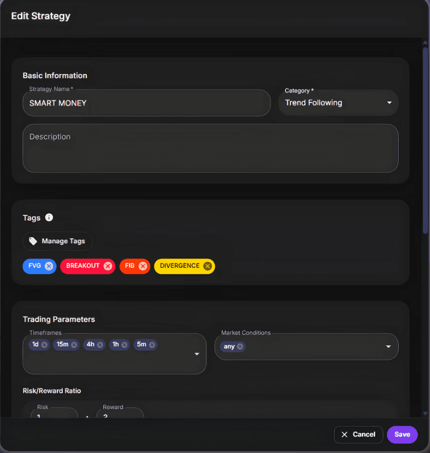 Screenshot of the TradeStats strategy edit page. The form fields include Strategy Name, Description, Tags, Trading Parameters for timeframe and market conditions, and Risk/Reward Ratio.