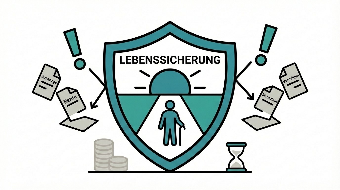 Grafik zur Altersvorsorge: Ein Schild schützt einen Senior vor Bürokratie, Zeitdruck und finanziellen Risiken.