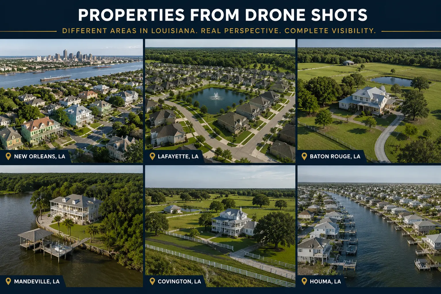 Aerial drone views of residential properties across New Orleans, Lafayette, Baton Rouge, Mandeville, Covington, and Houma, Louisiana.