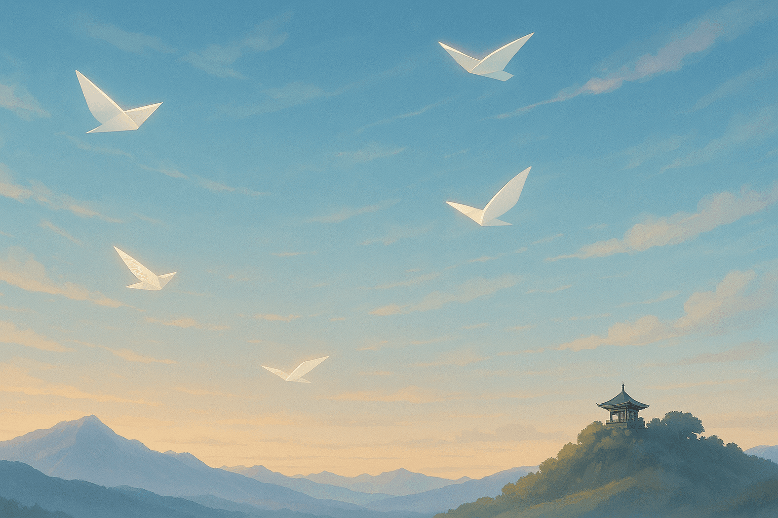 Vibrant fantasy mountain scene with a sharp peak, glowing lake, lush greenery, and pastel-colored clouds in a bright blue sky.