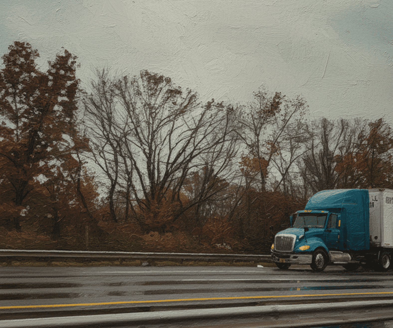 Blue trailer on the highway in the autumn in the style of an oil pastel.