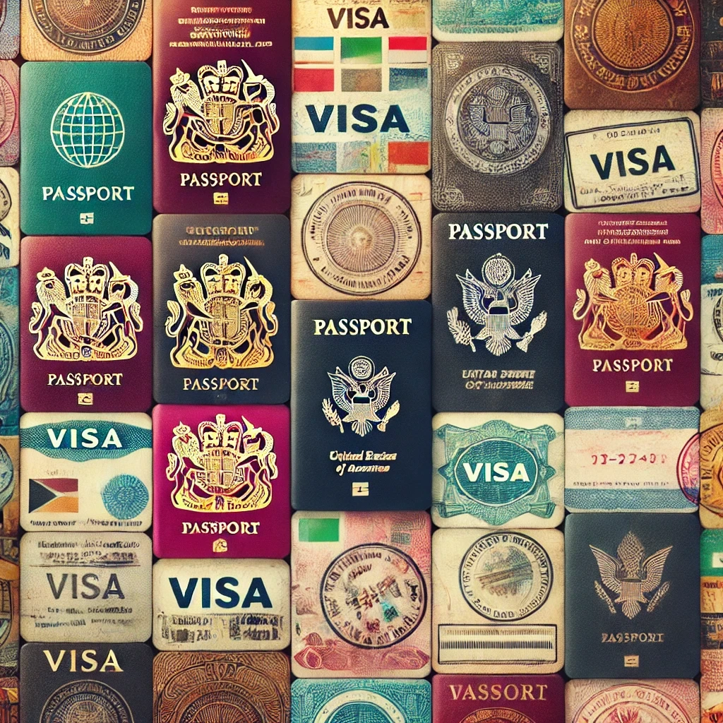 Collage of various visas and passports from different countries, representing the diversity of immigration processes.