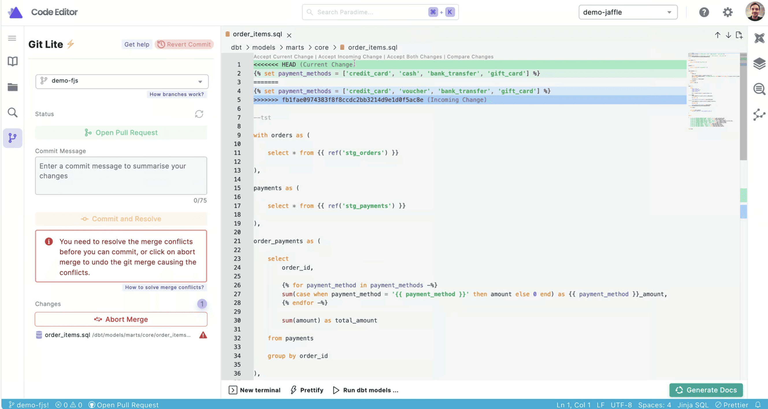 Merge conflict | Paradime | Analytics Engineering using dbt™