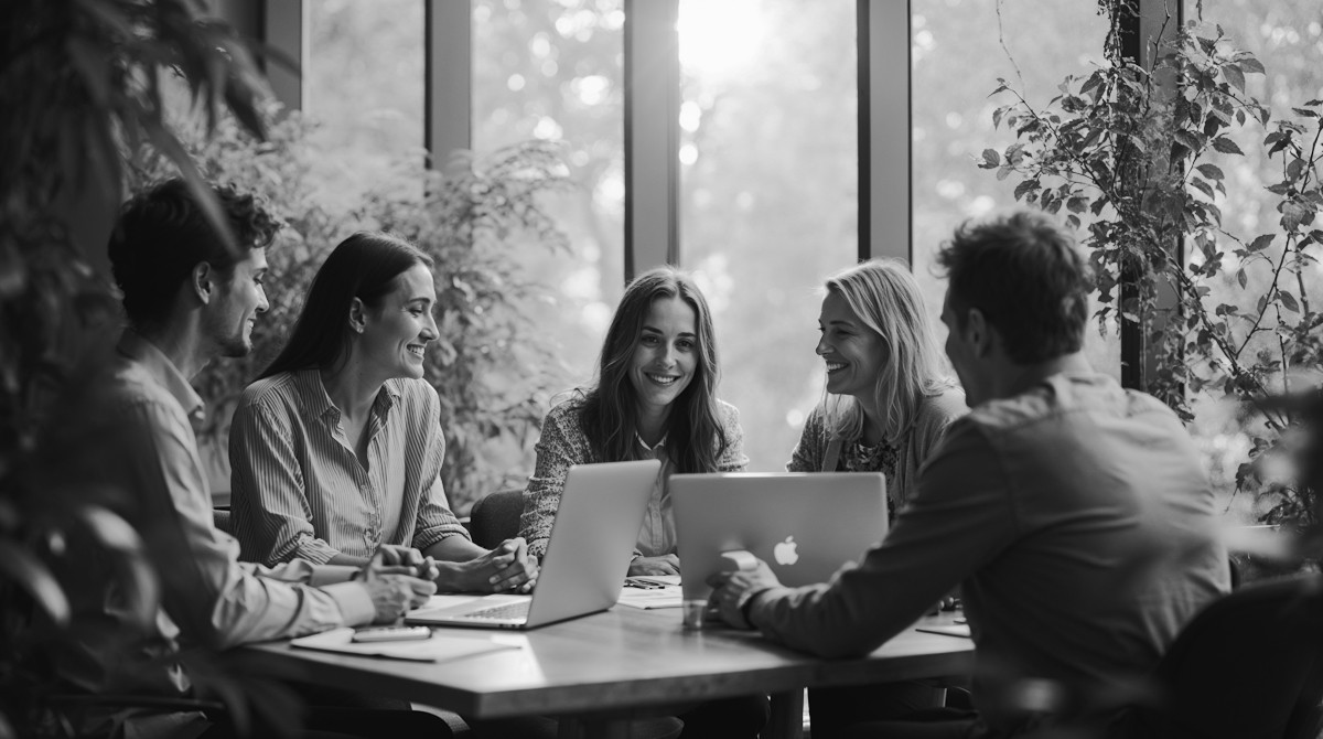 A diverse team collaborates in a sunlit, plant-filled office, engaging in a lively discussion around laptops