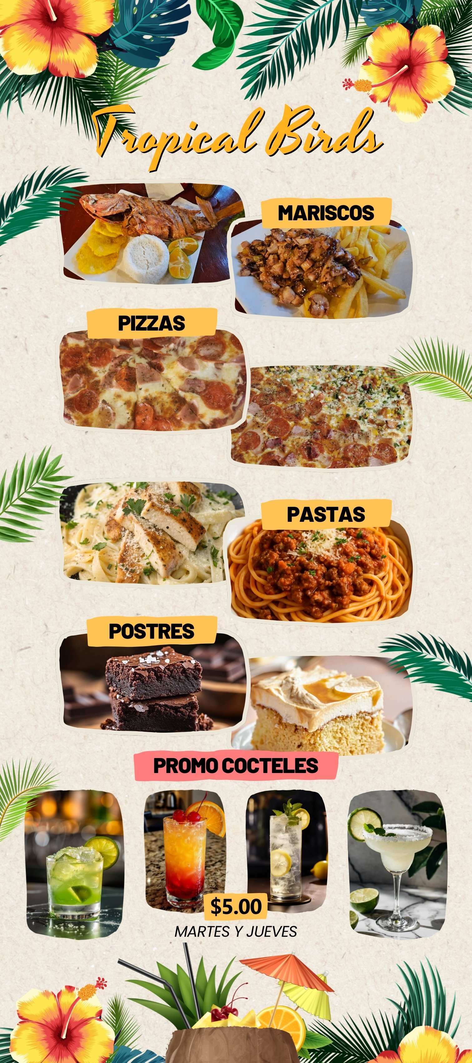 Diseño de banner visual de menú para restaurante Tropical Birds en Isla Colón, Panamá – proyecto de Fresa Marketing