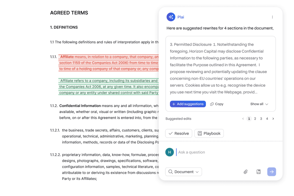 Screenshot of Pocketlaw contract management software showing the definitions section of a legal agreement. The AI assistant PLAI provides a suggested rewrite for the definition of "Affiliate" to align with the Companies Act 2006.