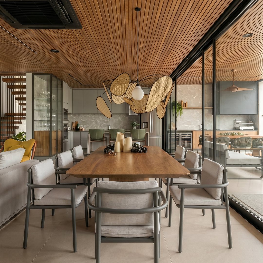 Mesma sala de jantar com cadeiras claras de braço