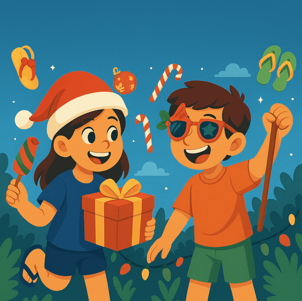 Two Kids Playing a Seeker Games Scavenger Hunt that is themed Christmas in July