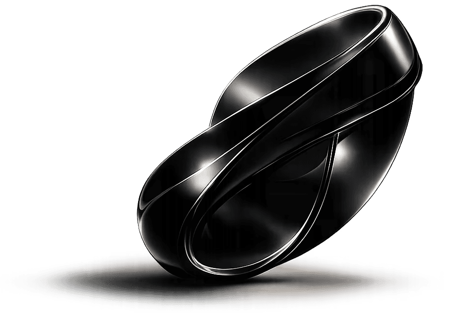 Abstract black ring sculpture with smooth curves and a metallic finish.