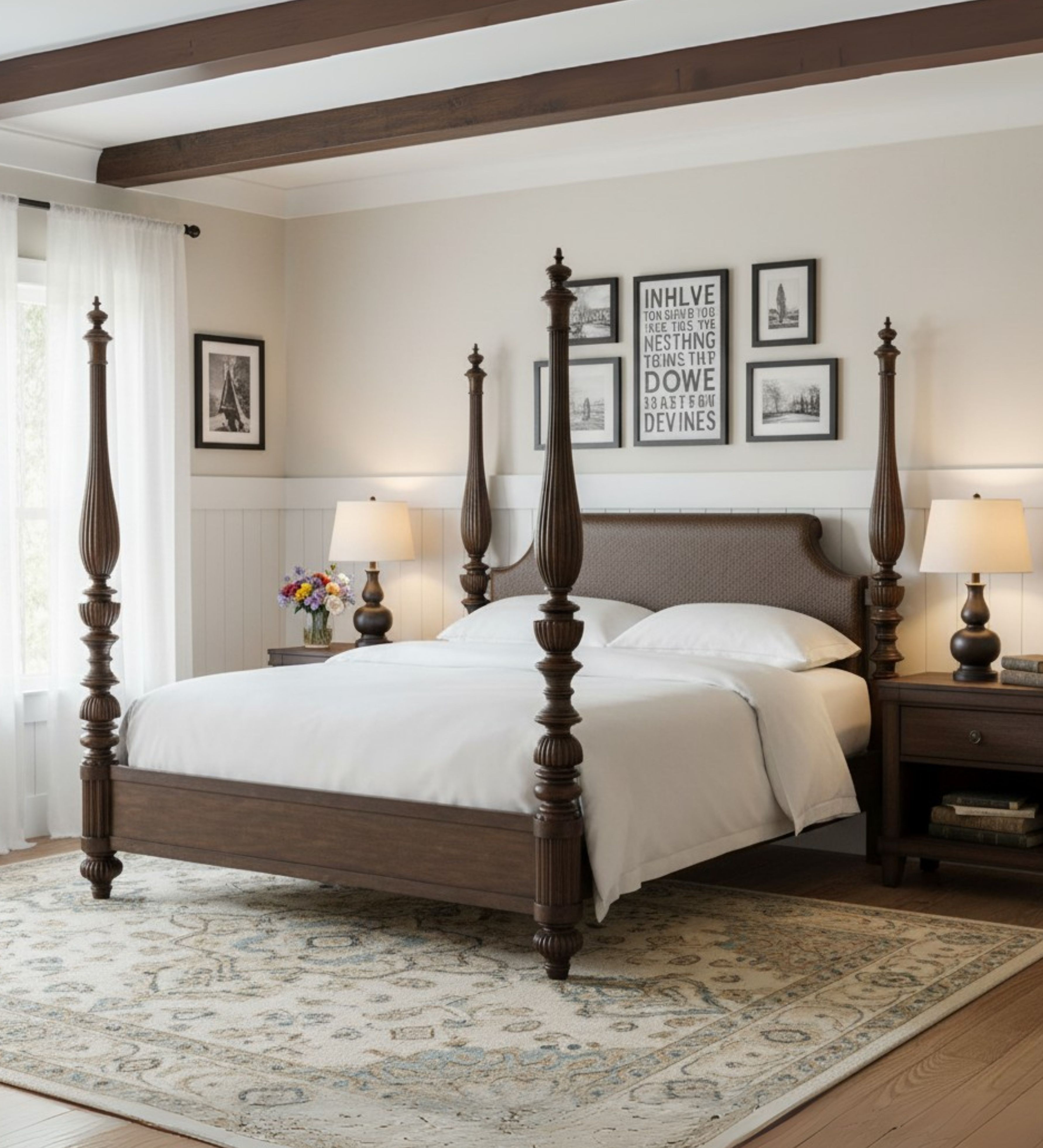 Traditional four‑poster bed with turned wooden posts and solid rails
