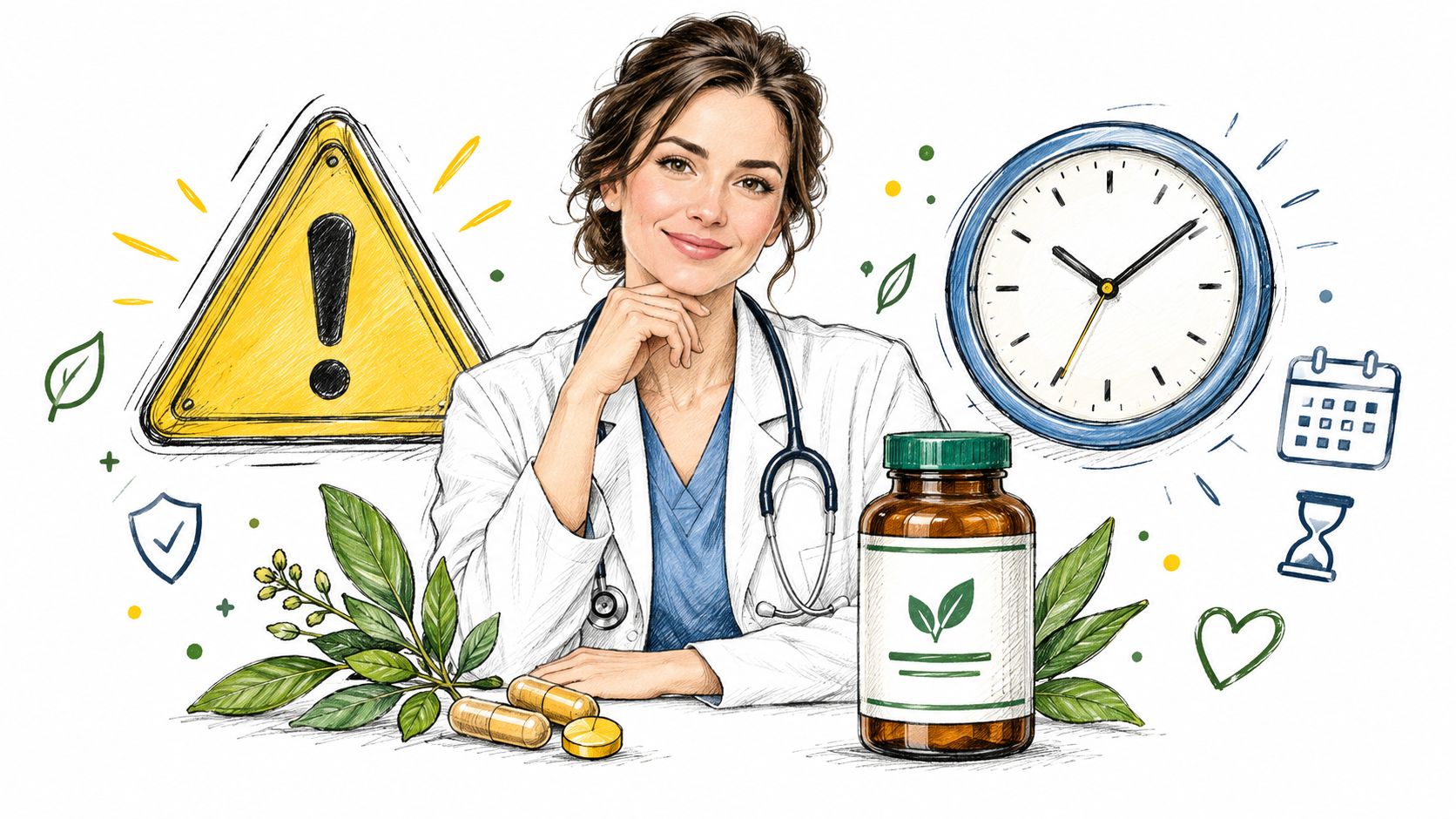 A friendly female doctor with a stethoscope sits next to natural supplements, a warning sign, and clock.