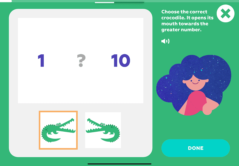 Compare numbers: choose the crocodile that will eat the bigger group of fish