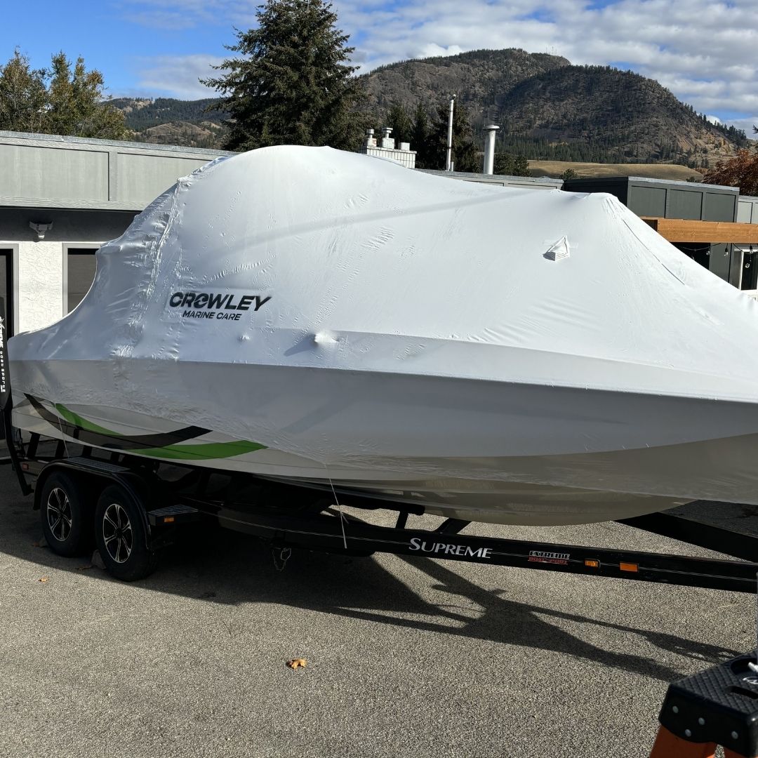A finished shrink wrapped boat by crowley marine care in kelowna BC