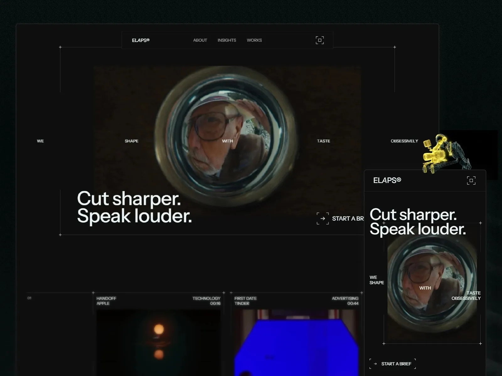 Man with glasses framed in a circular window, text: "Cut sharper. Speak louder."