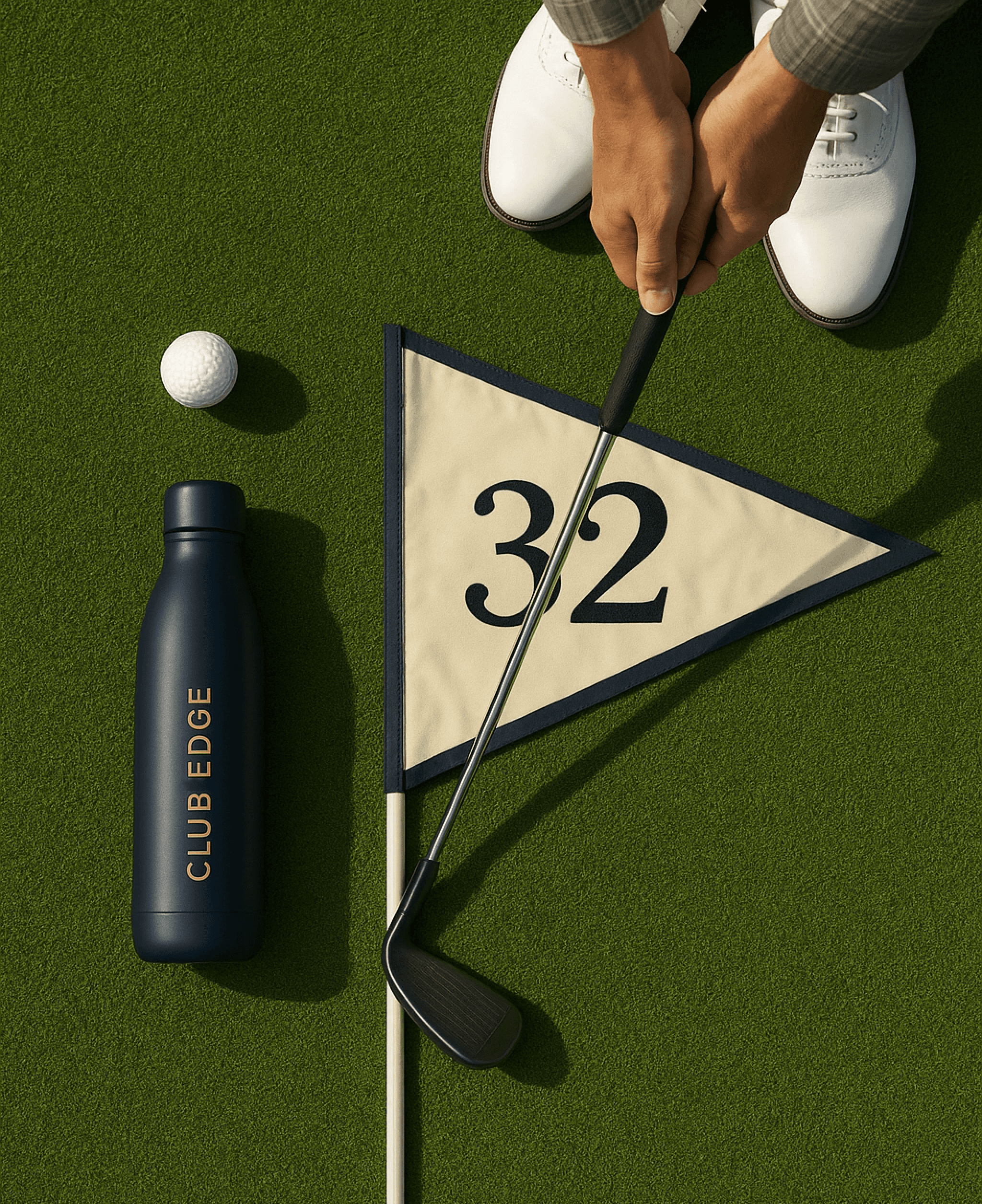 Golfer preparing to putt near a flag marked 32, with a golf ball and a CLUB EDGE water bottle on the green.