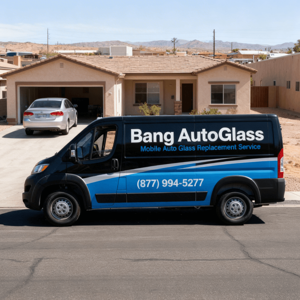 Bang AutoGlass branded van ready for a scheduled windshield replacement at a Benson, AZ customer's driveway