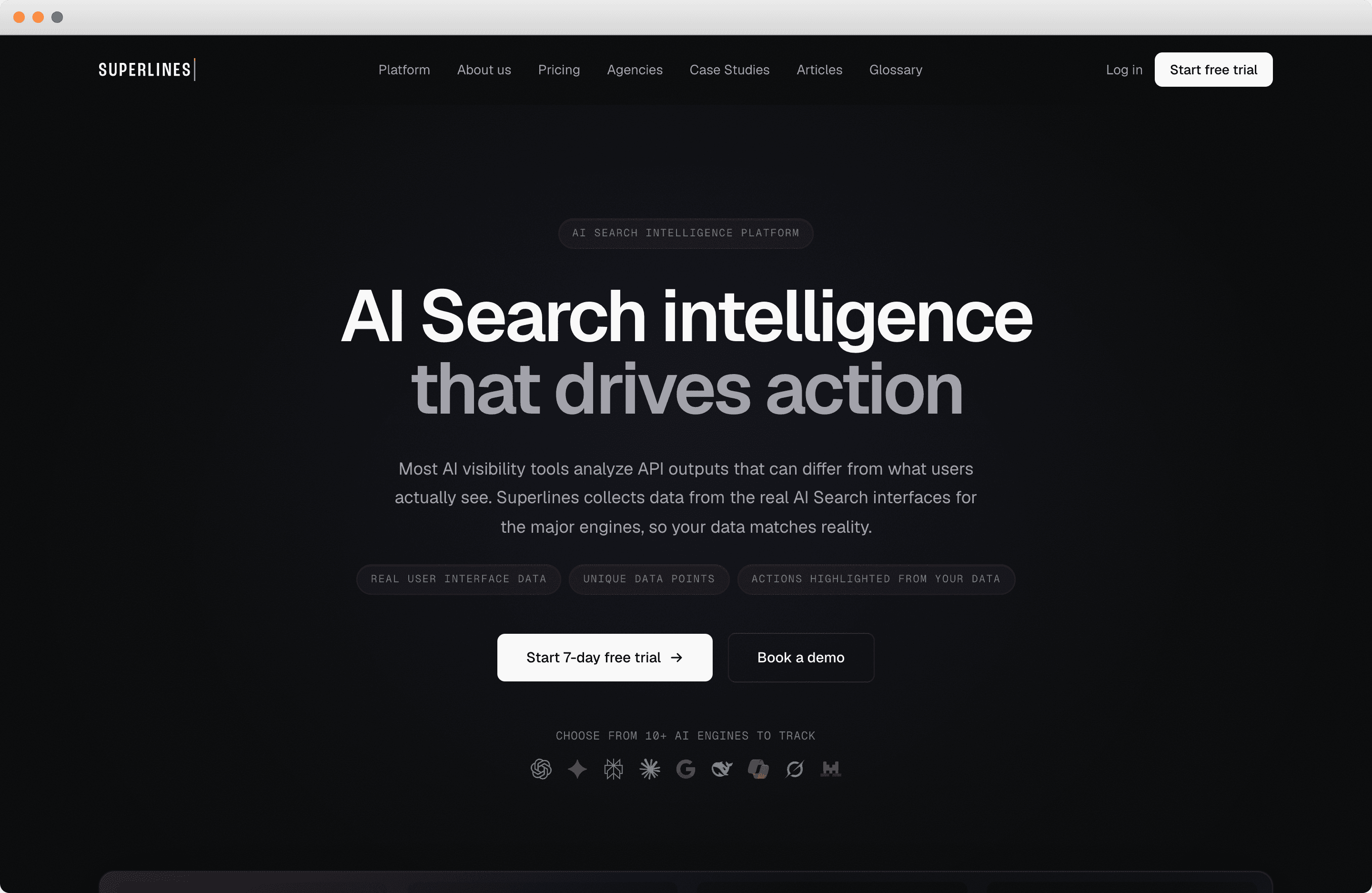 The Superlines homepage, showing its AI search intelligence product