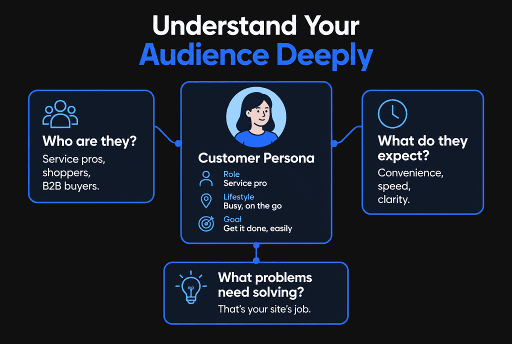 Infographic on understanding your audience: who they are, what they expect and what problems the site must solve