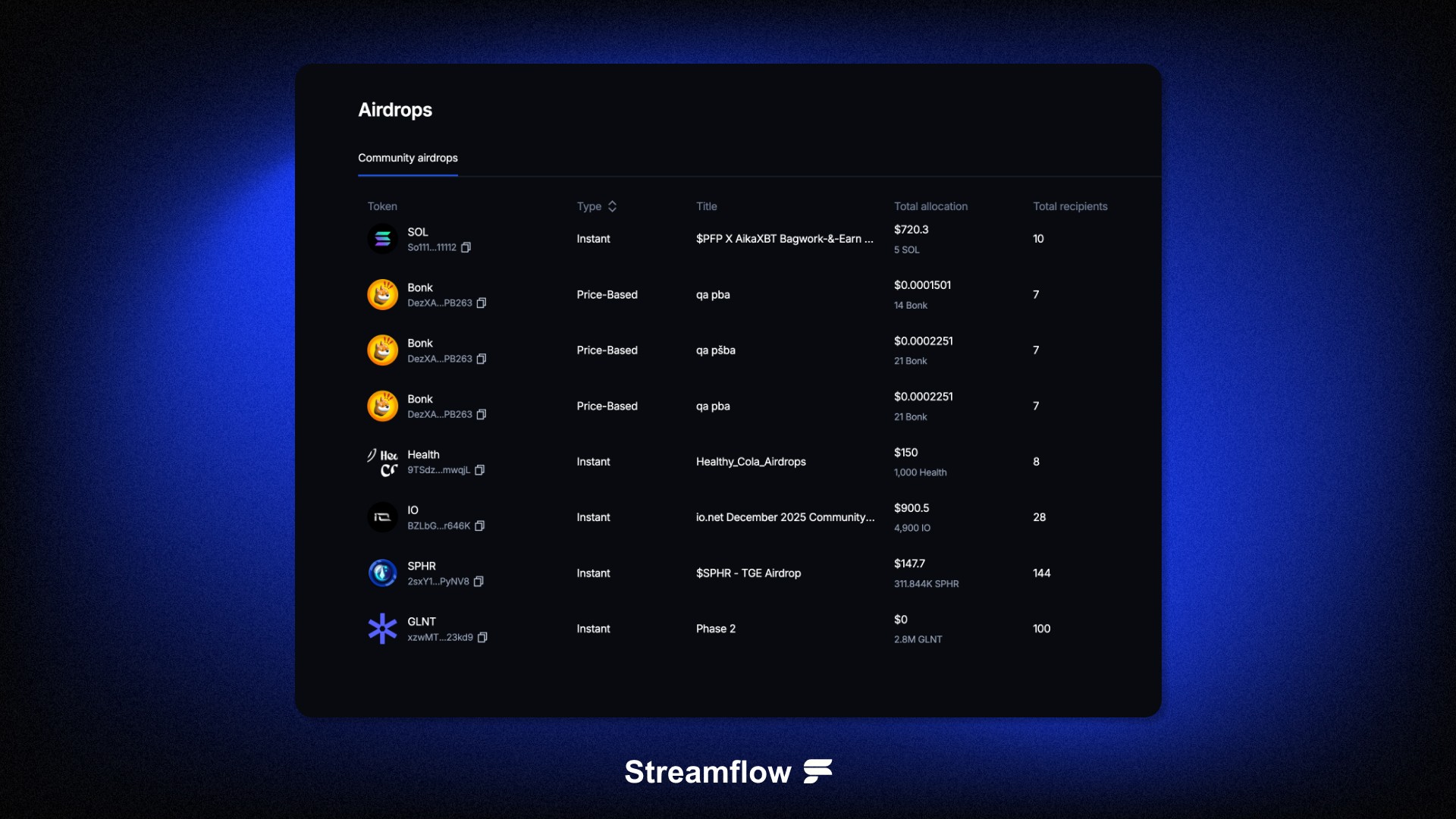 Airdrops Screen on Streamflow