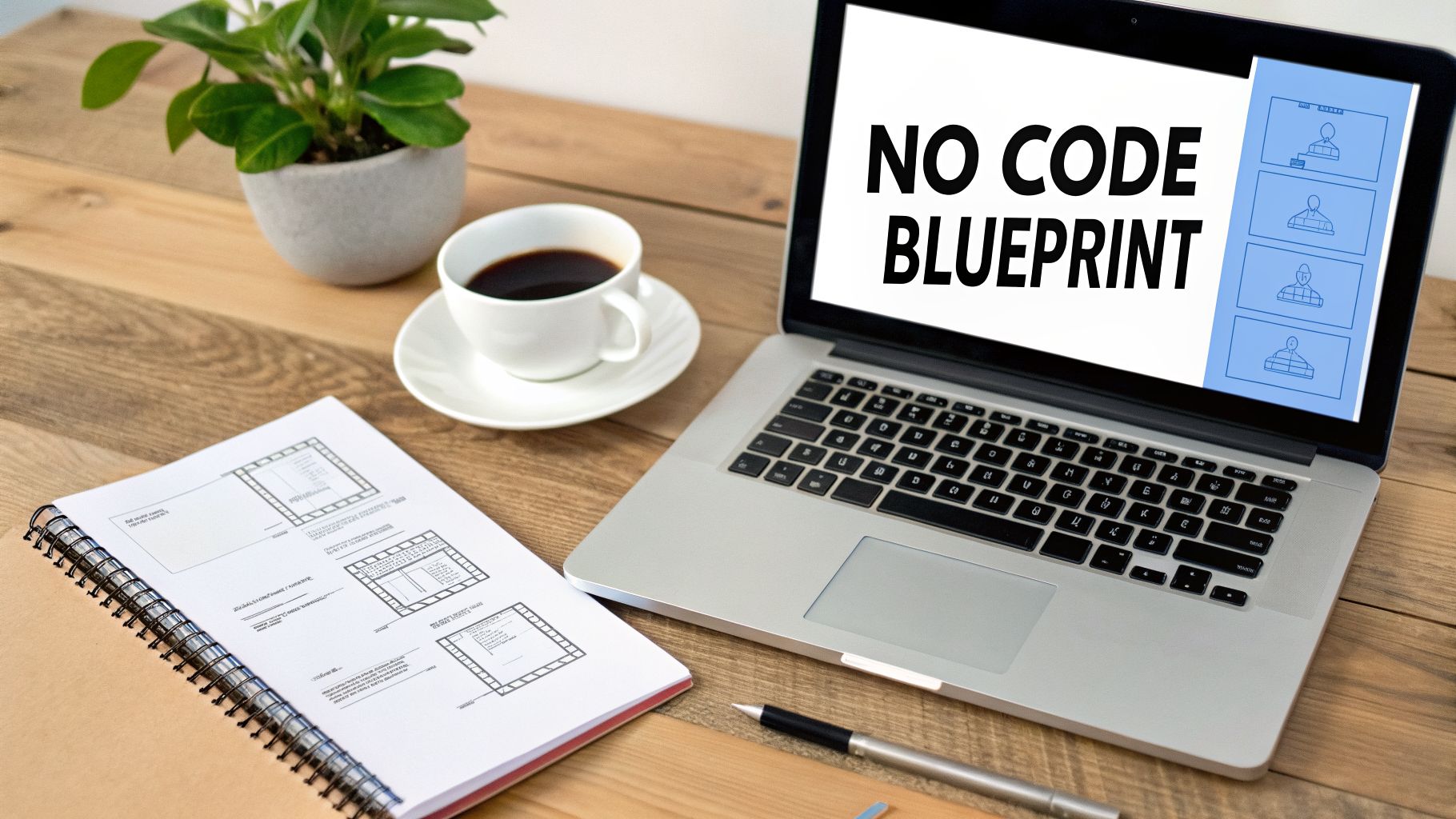 A workspace with a laptop displaying 'NO CODE BLUEPRINT', a notebook, coffee, and a plant.