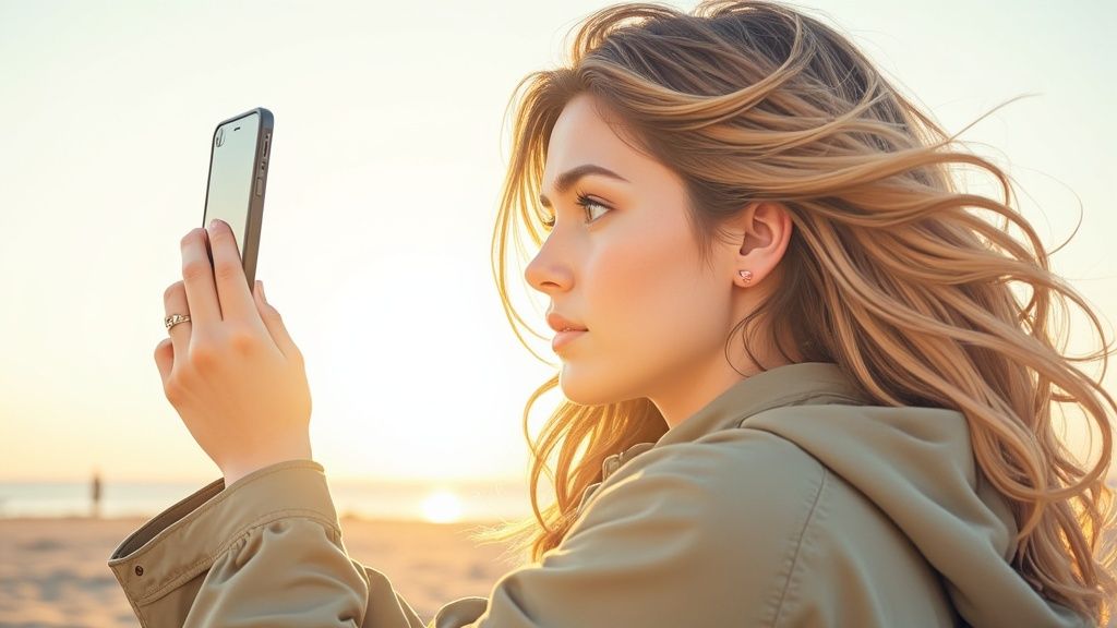 Eine Person, die ein Smartphone vor einem Fenster hält, um das beste natürliche Licht für ein Selbstporträt einzufangen.