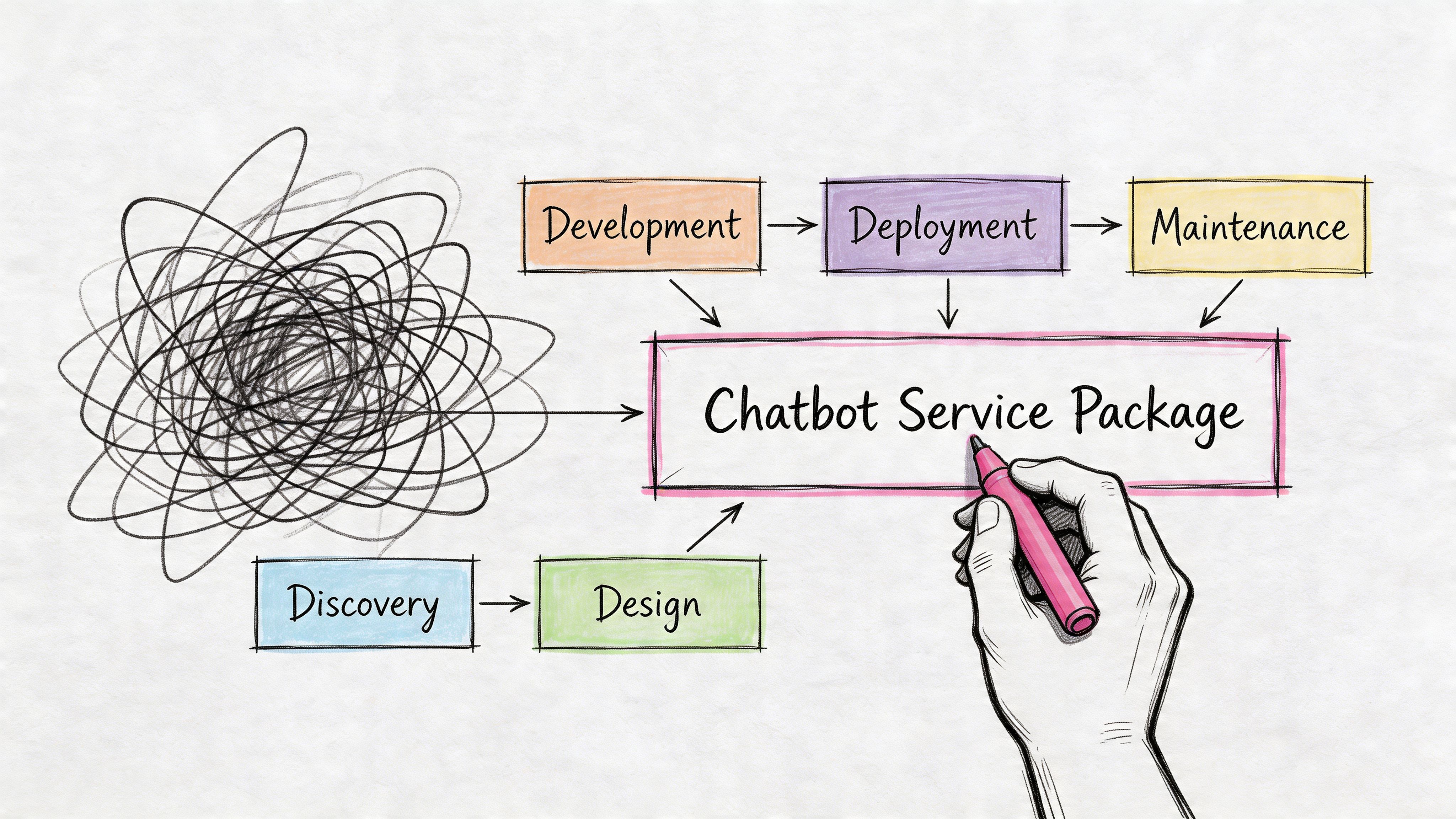 A hand-drawn illustration showing complex ideas being organized into a structured chatbot service package process.