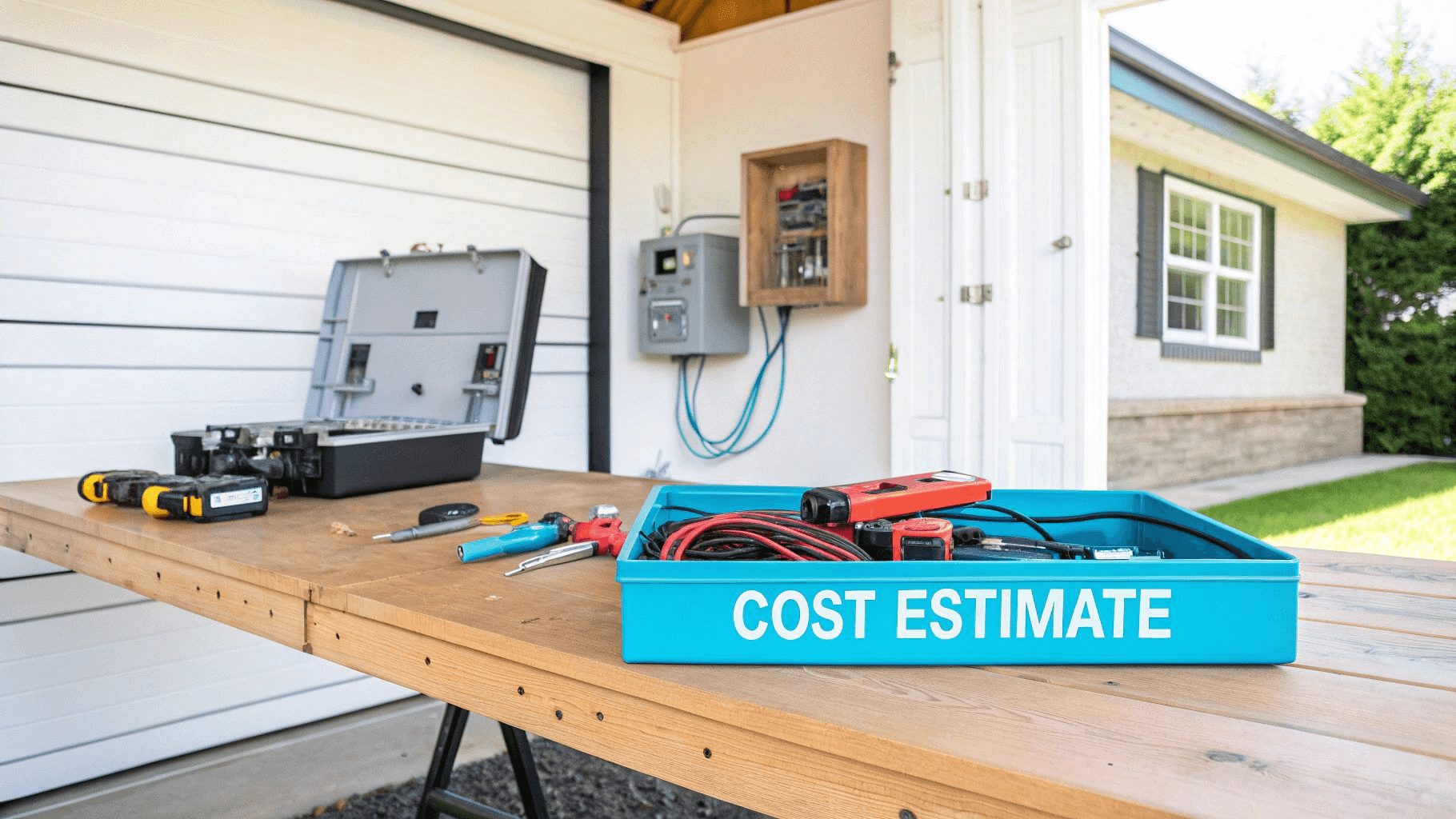 a blue tool box with the text 'cost estimate' on a wooden workbench