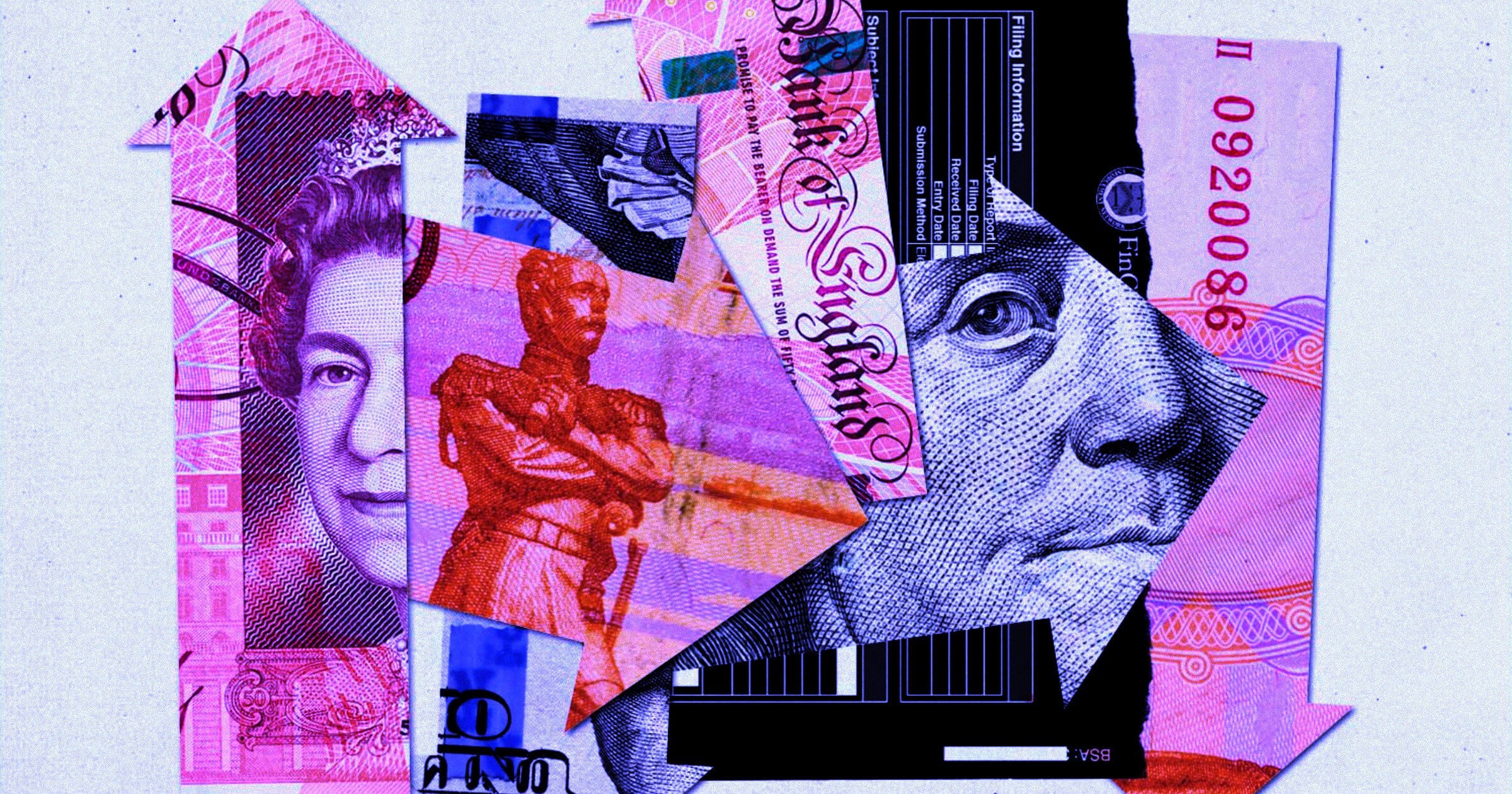 Collage of global banknotes arranged as upward and downward arrows, symbolising how rapid shifts in the payments ecosystem demand smarter, more adaptive financial crime compliance strategies.