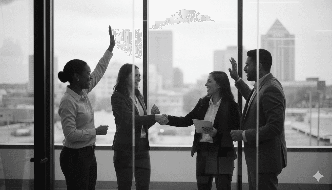 Two colleagues collaborating over paperwork at an office desk, with plants in the background.