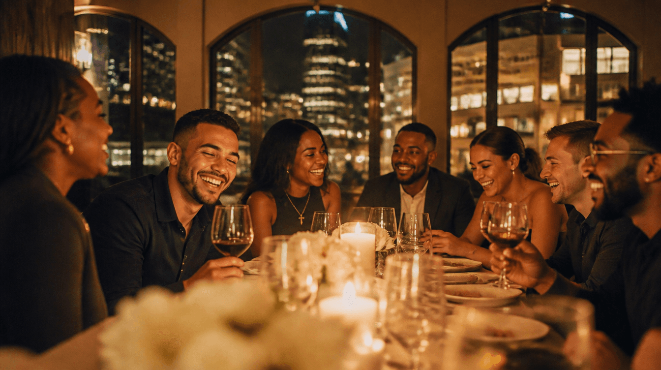 A group of friends laughing and dining together at a long restaurant table