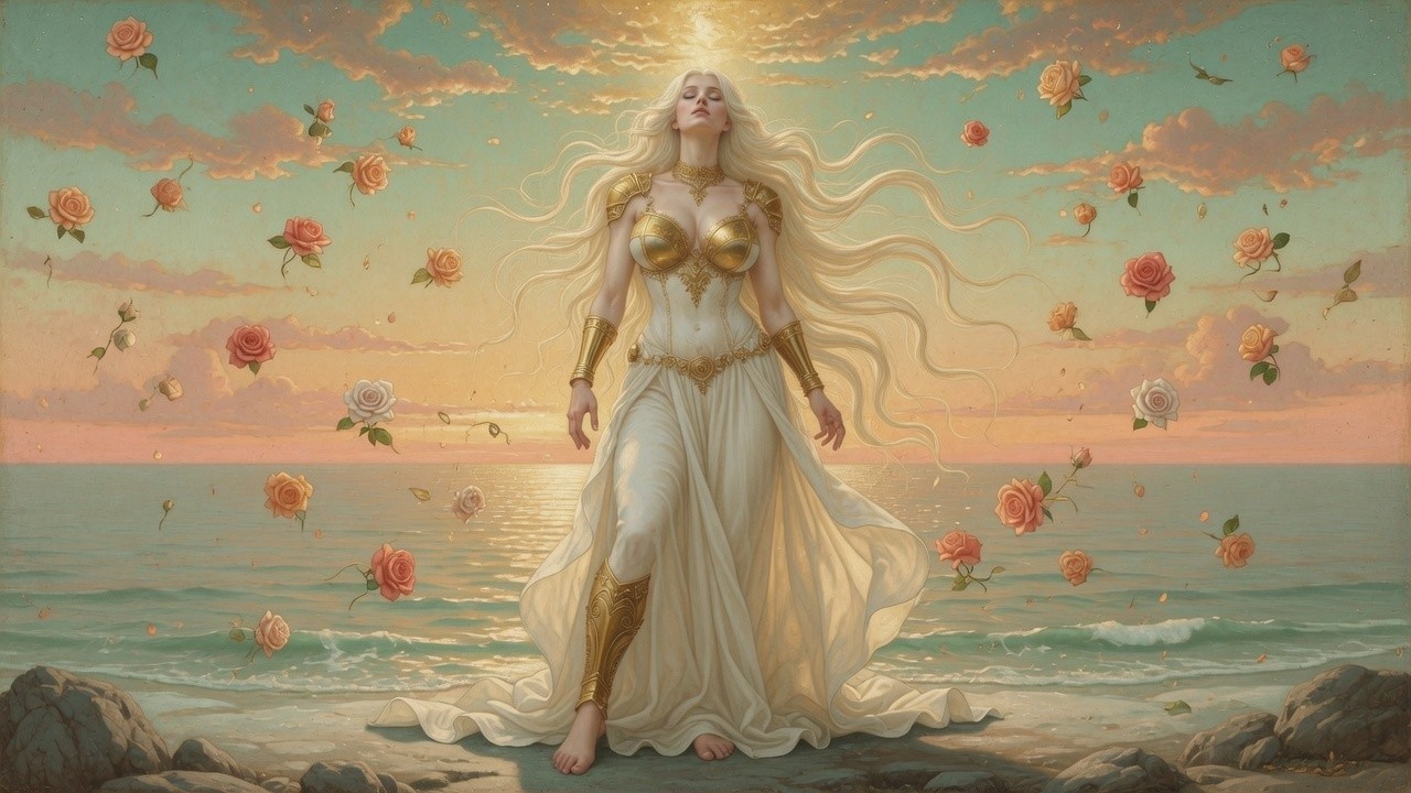 dawn goddess walking the sea, roses