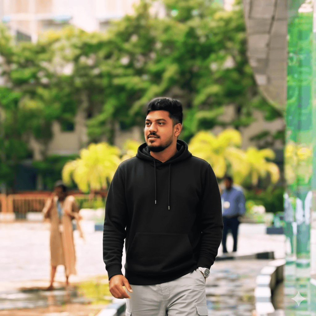 Speaker standing at the front of a room giving a presentation, gesturing with both hands while an audience listens in the foreground.