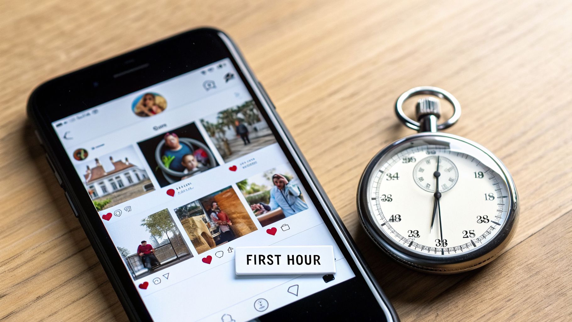 A smartphone showing an Instagram feed with a 'FIRST HOUR' button next to a vintage stopwatch, emphasizing timing.