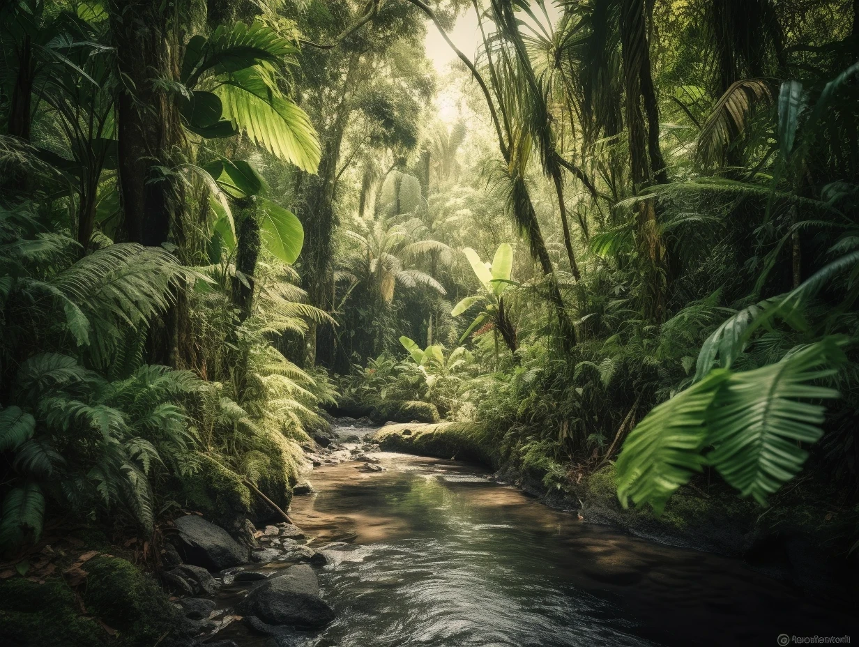 A river winds its way through a dense, lush tropical jungle