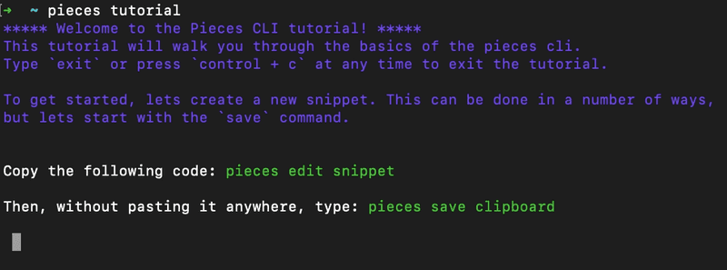 The Pieces CLI tutorial command.