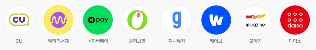 스카이라이프 알뜰폰 요금제에서 선택 가능한 CU 편의점, 밀리의 서재, 네이버페이, 올리브영 등 주요 제휴 서비스 아이콘을 나열한 이미지입니다. 사용자가 평소 자주 이용하는 브랜드를 스카이라이프 알뜰폰 요금제와 연결해 매달 실질적인 할인 혜택을 누릴 수 있음을 보여주는 시각 자료입니다.