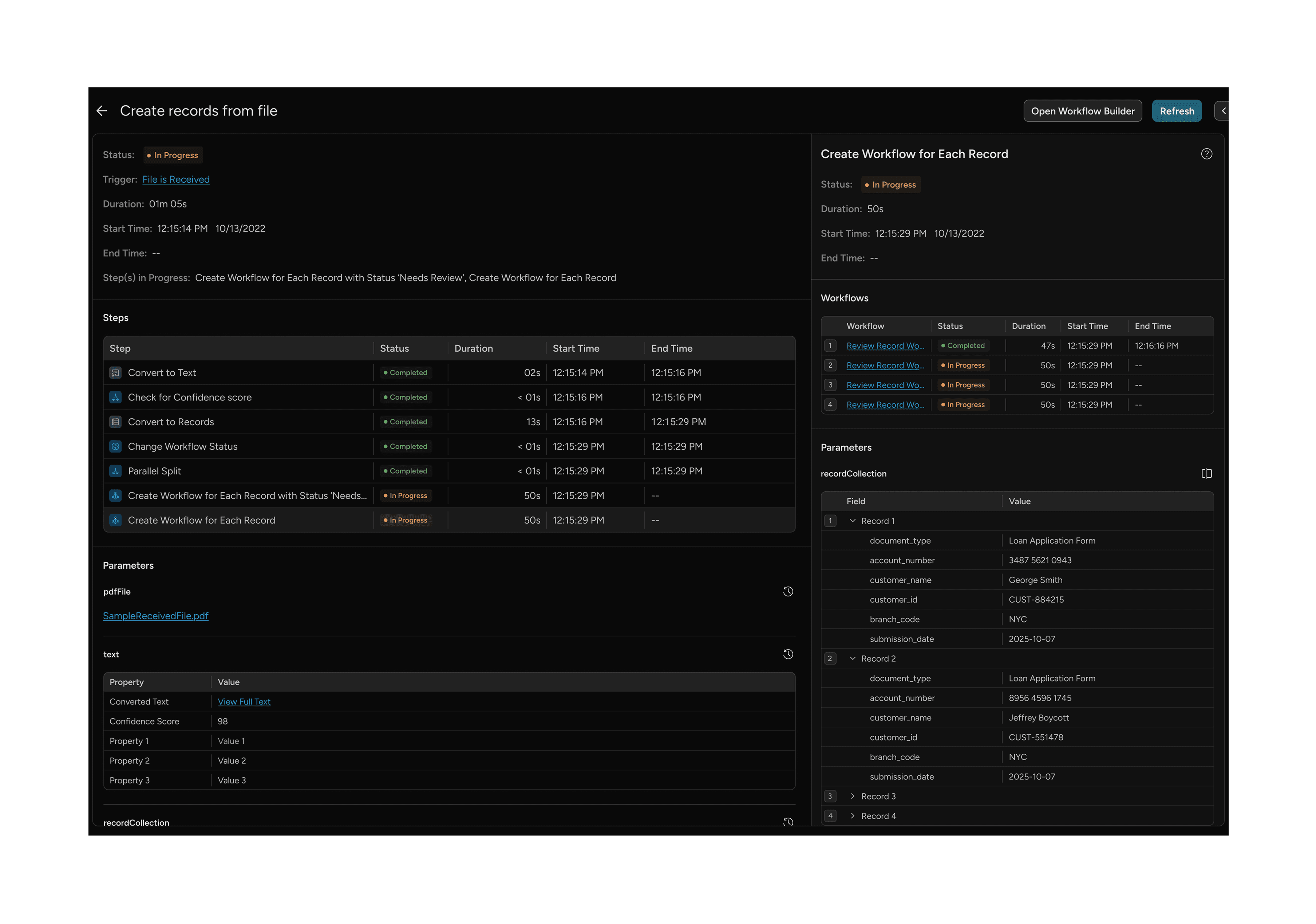 Grid view showing failed step with error details on right