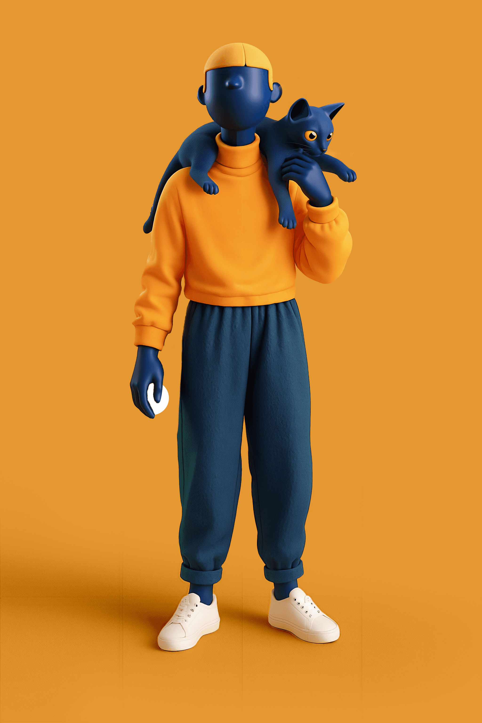 A stylized 3D character with a deep blue skin tone stands against an orange background, wearing a yellow shirt, dark blue pants, and white sneakers, holding a small black cat perched on the shoulder.