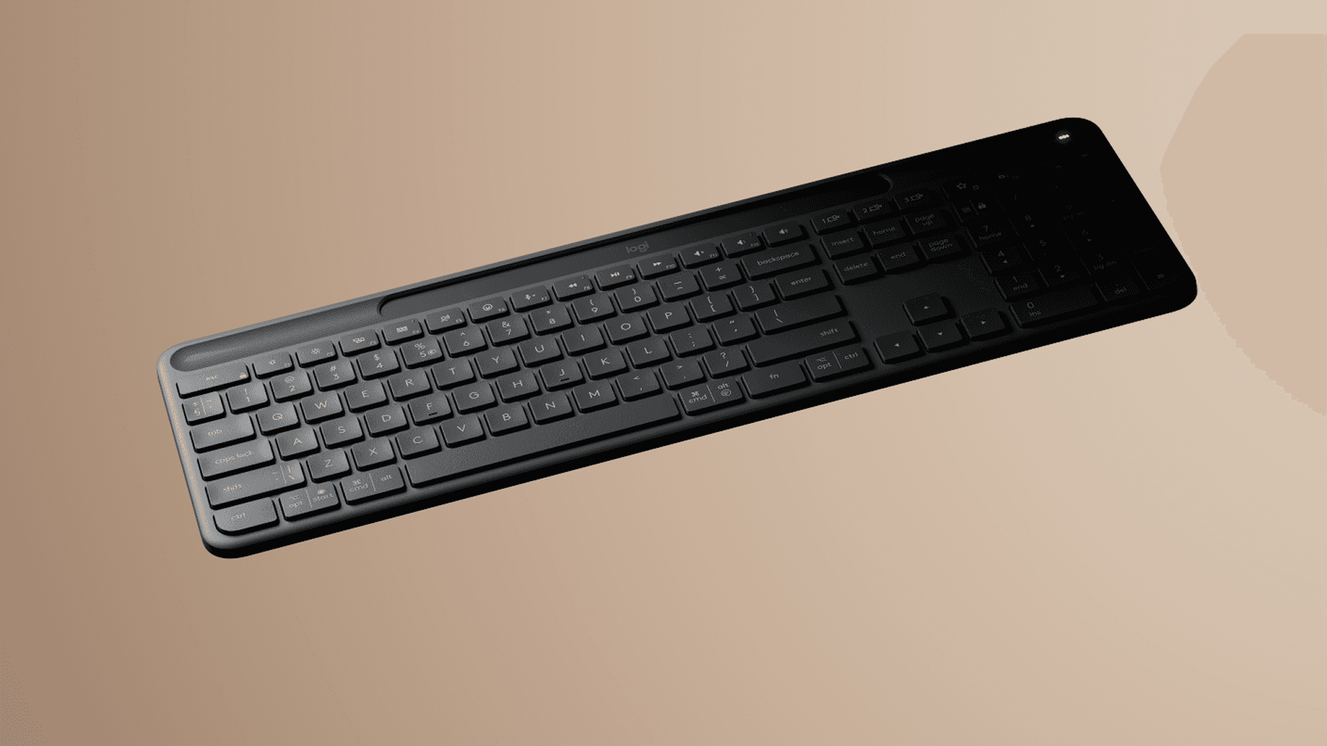 Full-frame 3D render showing the Solar K980 keyboard emerging from shadow