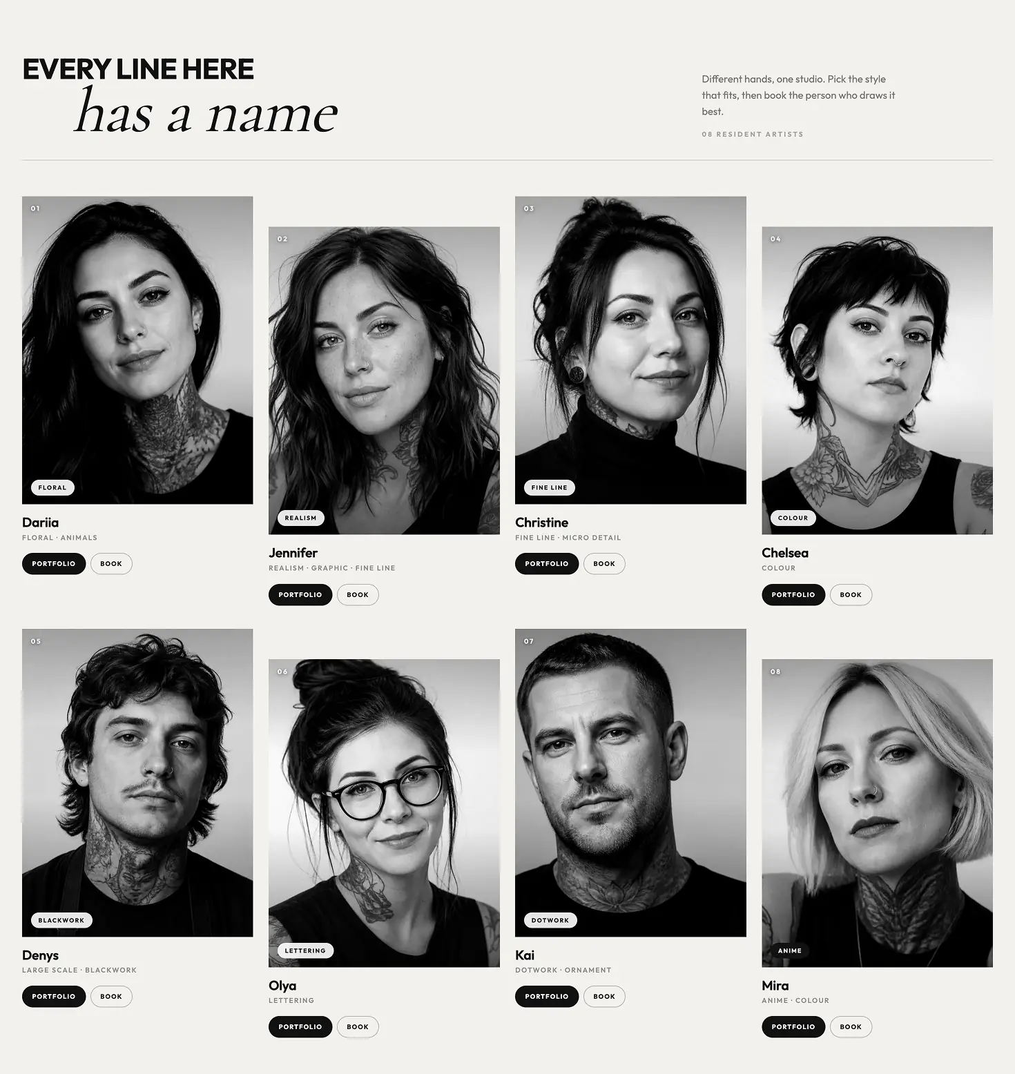 Tattoo studio artist roster showing 8 resident artists
