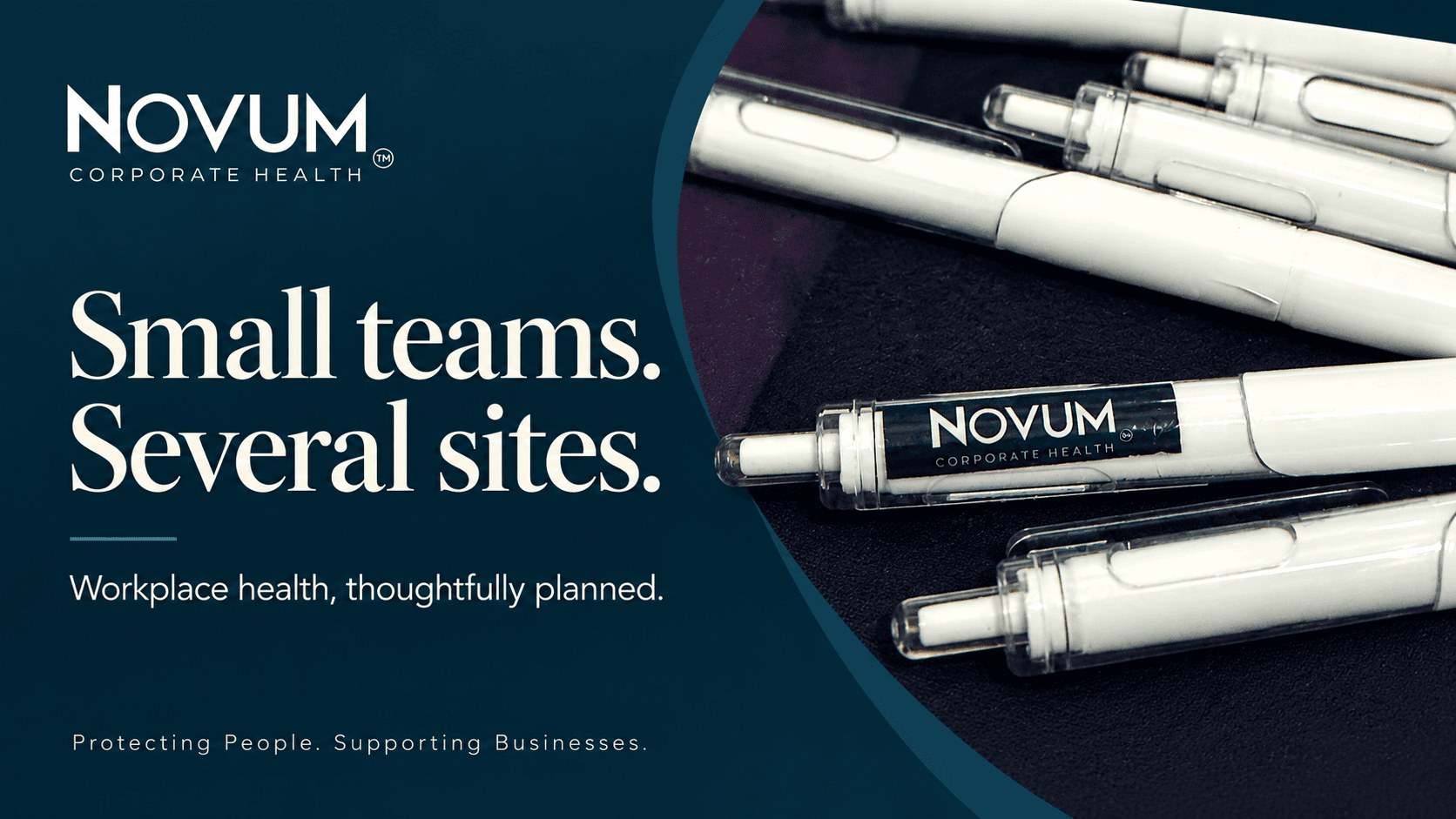 Novum-branded pens on an editorial cover headed ‘Small teams. Several sites.’