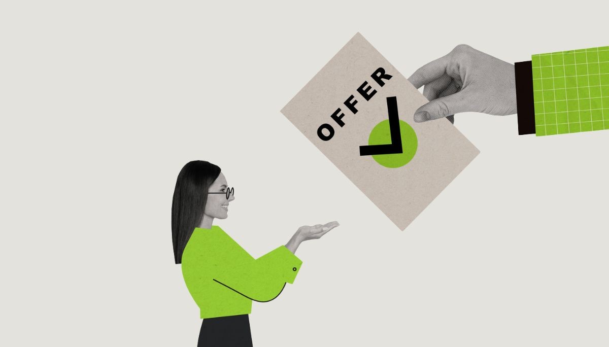 Person reaching for card labeled OFFER with checkmark, symbolizing how to counter a job offer.