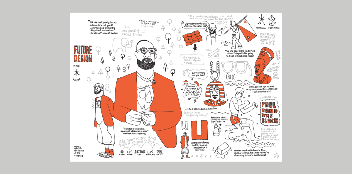 An illustration of Forest Young a Creative Director with small drawings of ideas and sculptures he shared  along with handwritten quotes