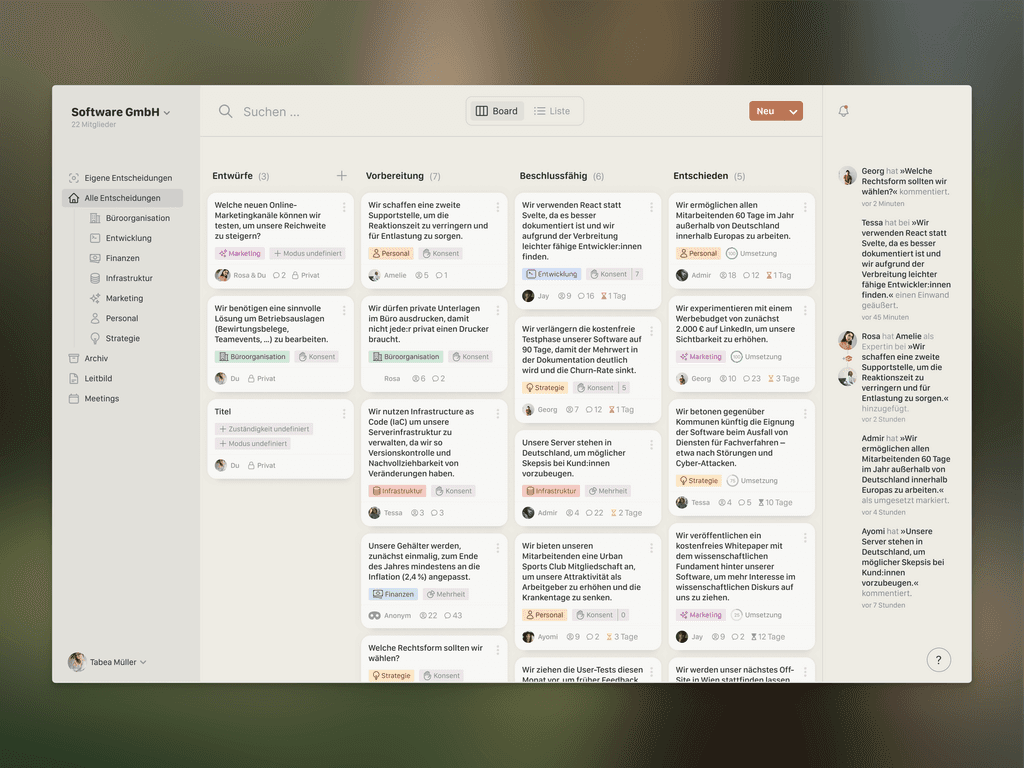 Ein Screenshot der App StratOS, der in einer Art Kanban-Board einige Ideen zeigt, die unterschiedlich fortgeschritten sind.