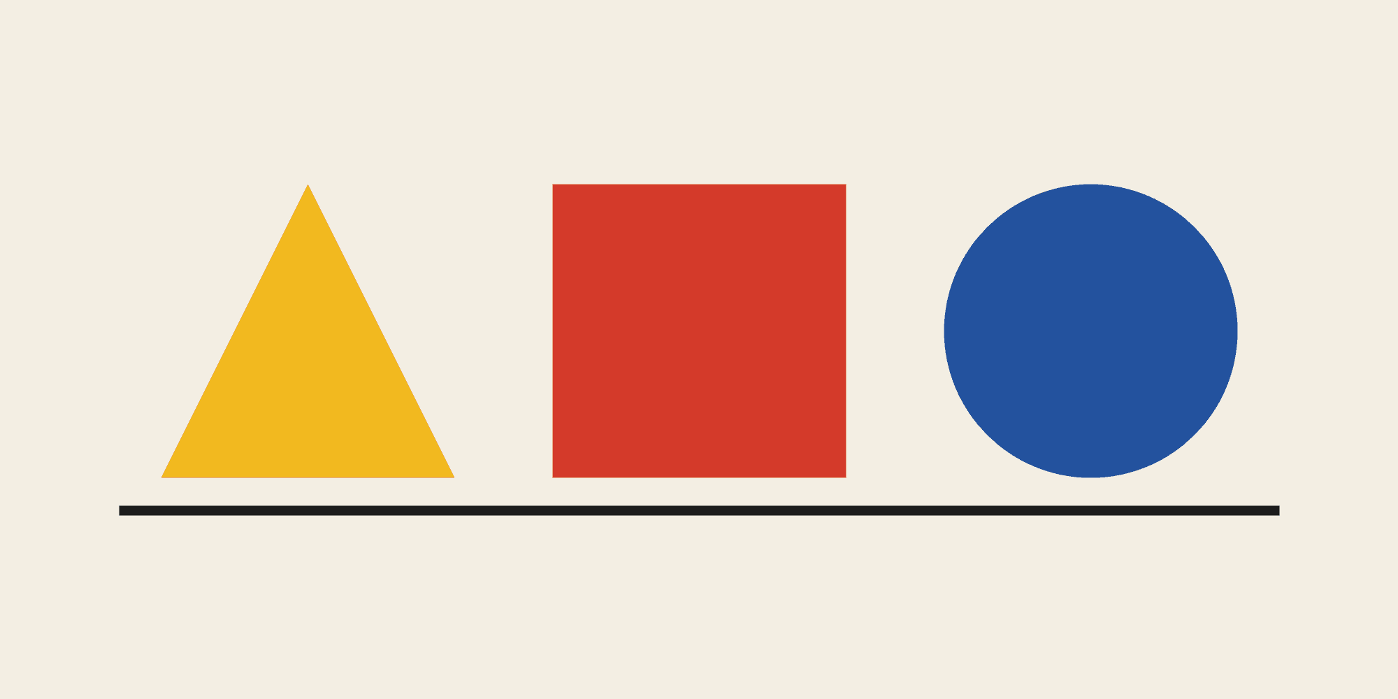 The three Bauhaus basic shapes: yellow triangle, red square and blue circle on a light background