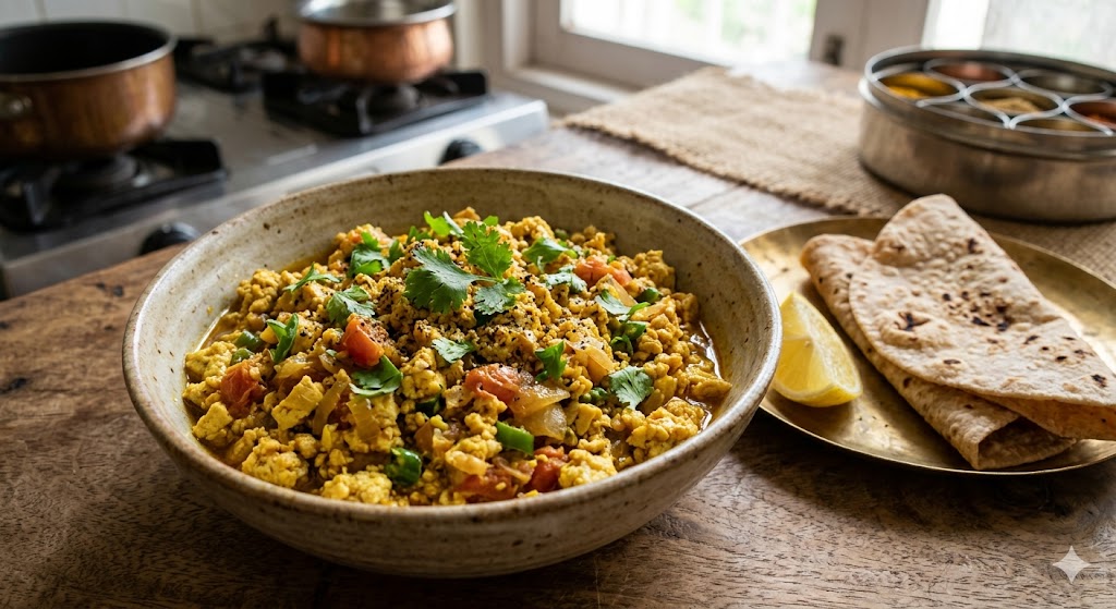 A delicious and healthy Indian tofu bhurji (scramble) with tomatoes and spices, garnished with fresh cilantro and served in a rustic ceramic bowl with whole wheat roti and a lemon wedge on a wooden table.