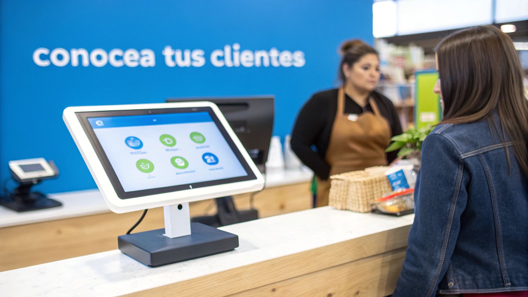 Cliente interactúa en un mostrador con sistema POS moderno, mientras una empleada espera.